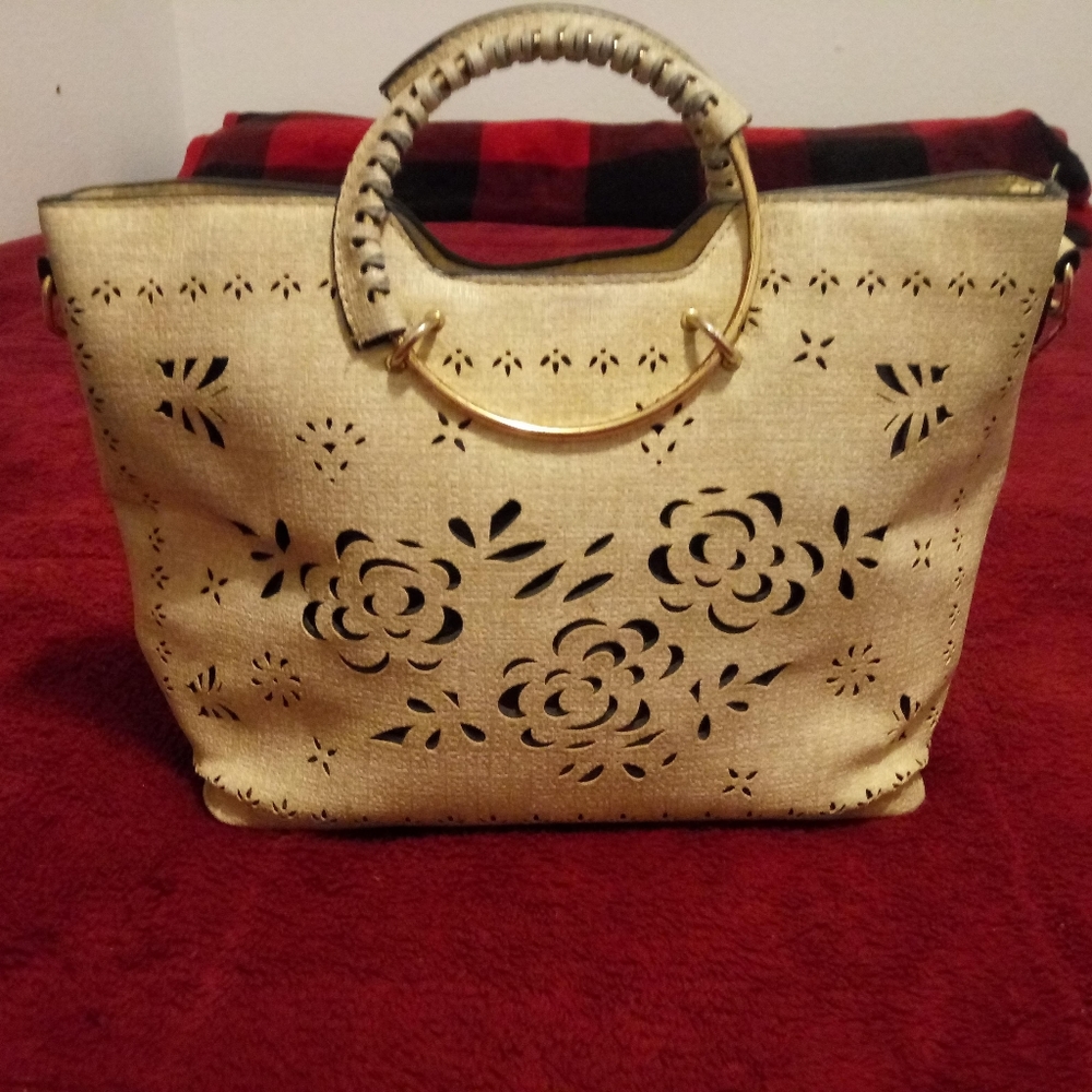 No Label Tag/Beige Faux Leather Satchel Purse/Floral & Butterfly Cutouts
